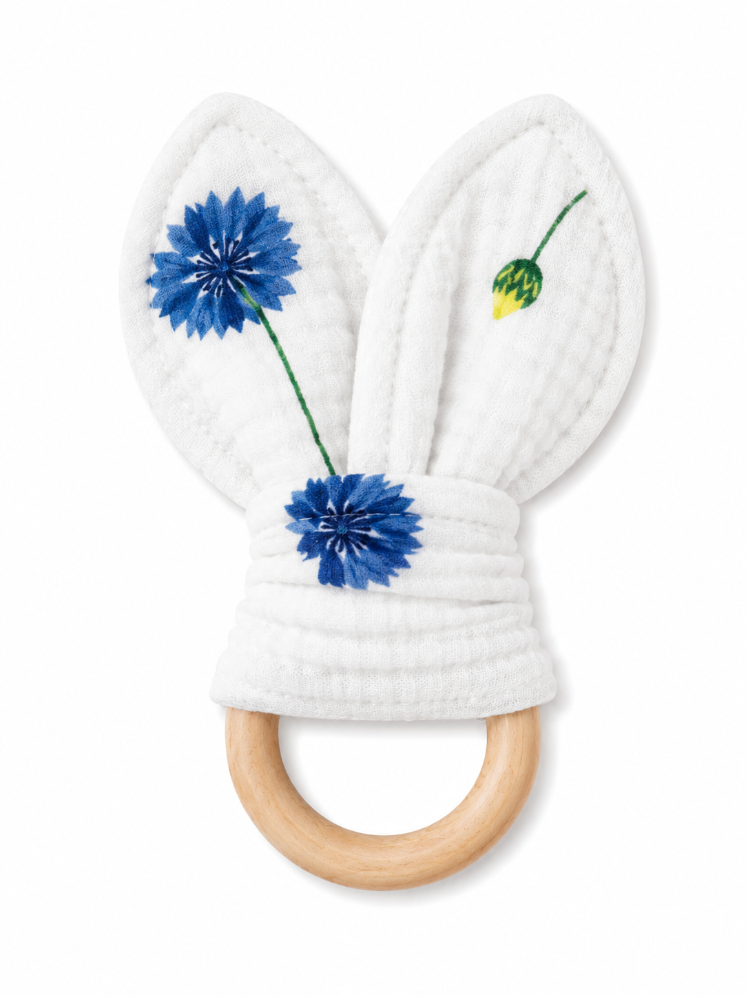 Bijtring - Organische Katoenen Mousseline Bijtring 16 cm x 8 cm - Blue flowers
