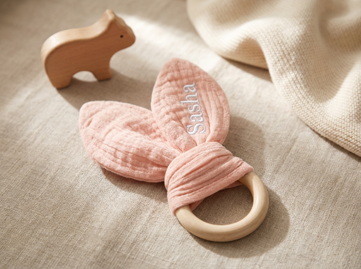 Bijtring - Organische Katoenen Mousseline Bijtring 16 cm x 8 cm - Pink
