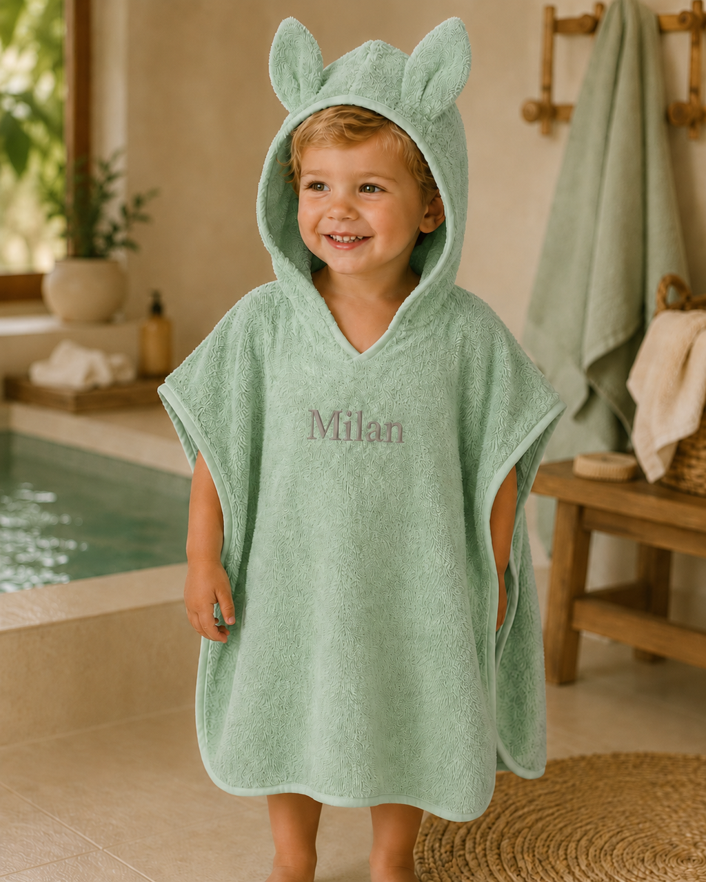 Organic badponcho met capuchon en konijnenoren, cameo groen