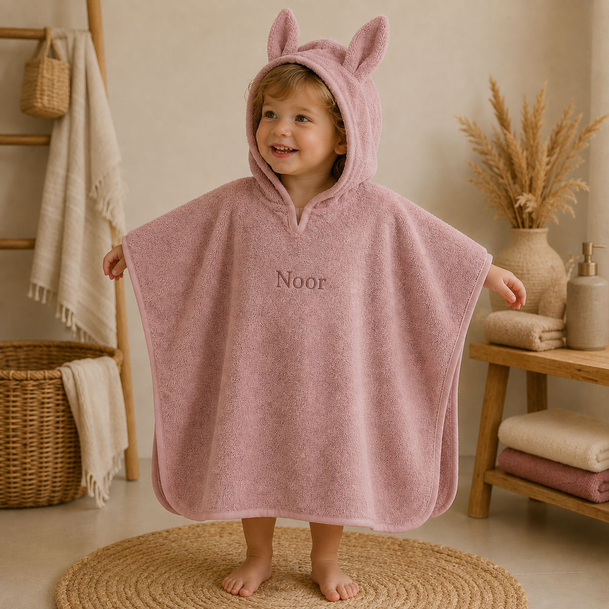 Organische badponcho met capuchon en konijnenoren, roze
