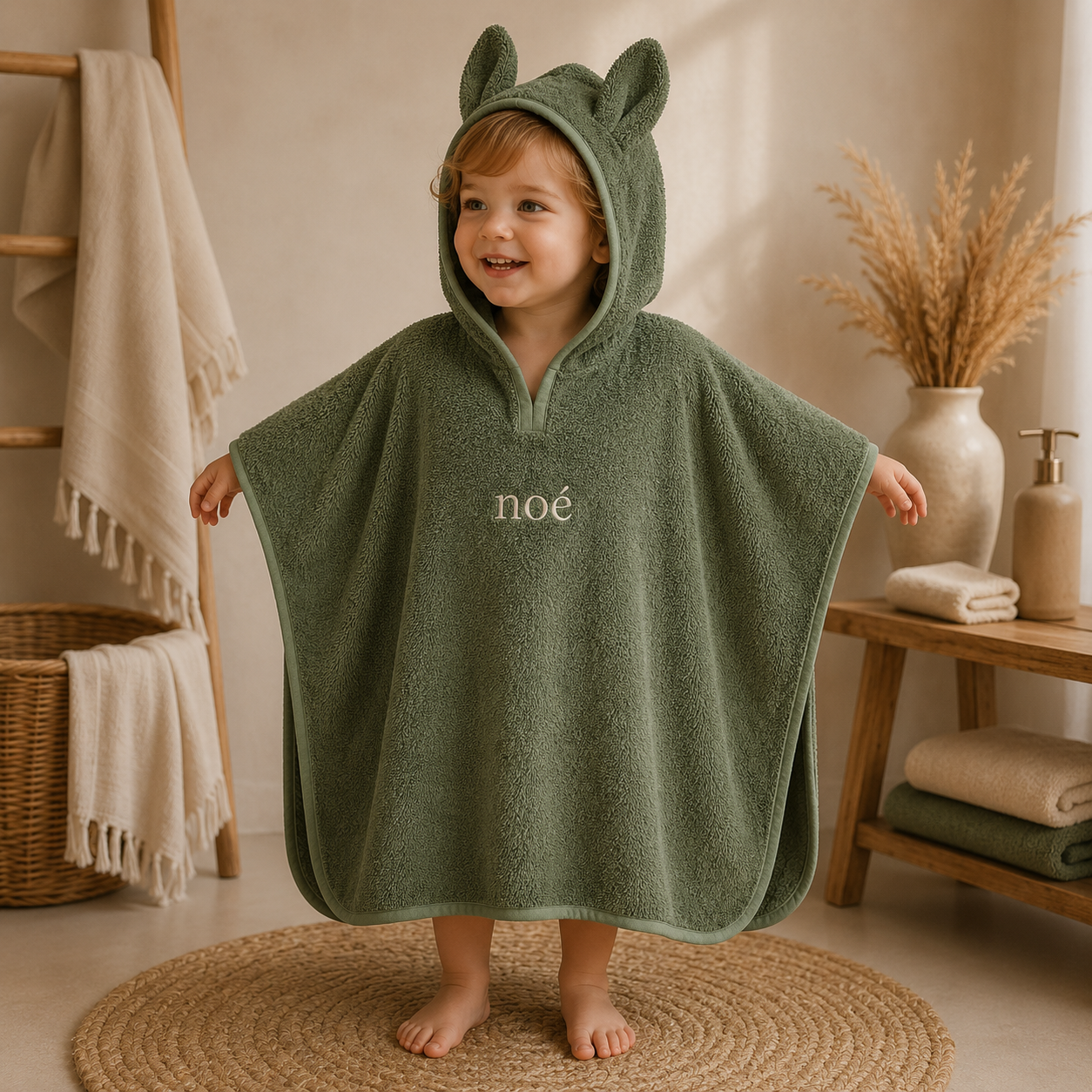 Organische badponcho met capuchon en konijnenoren, groen