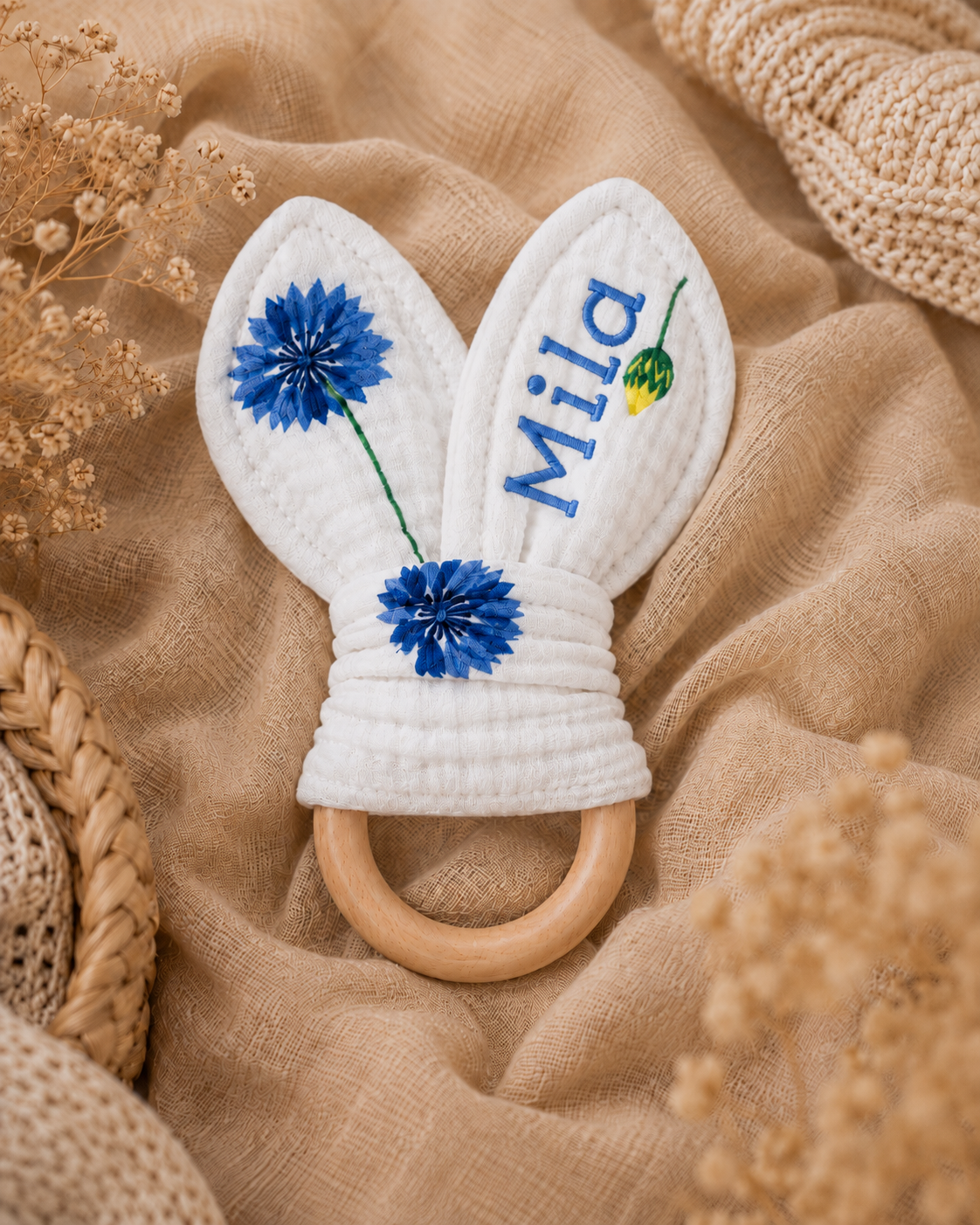 Bijtring - Organische Katoenen Mousseline Bijtring 16 cm x 8 cm - Blue flowers