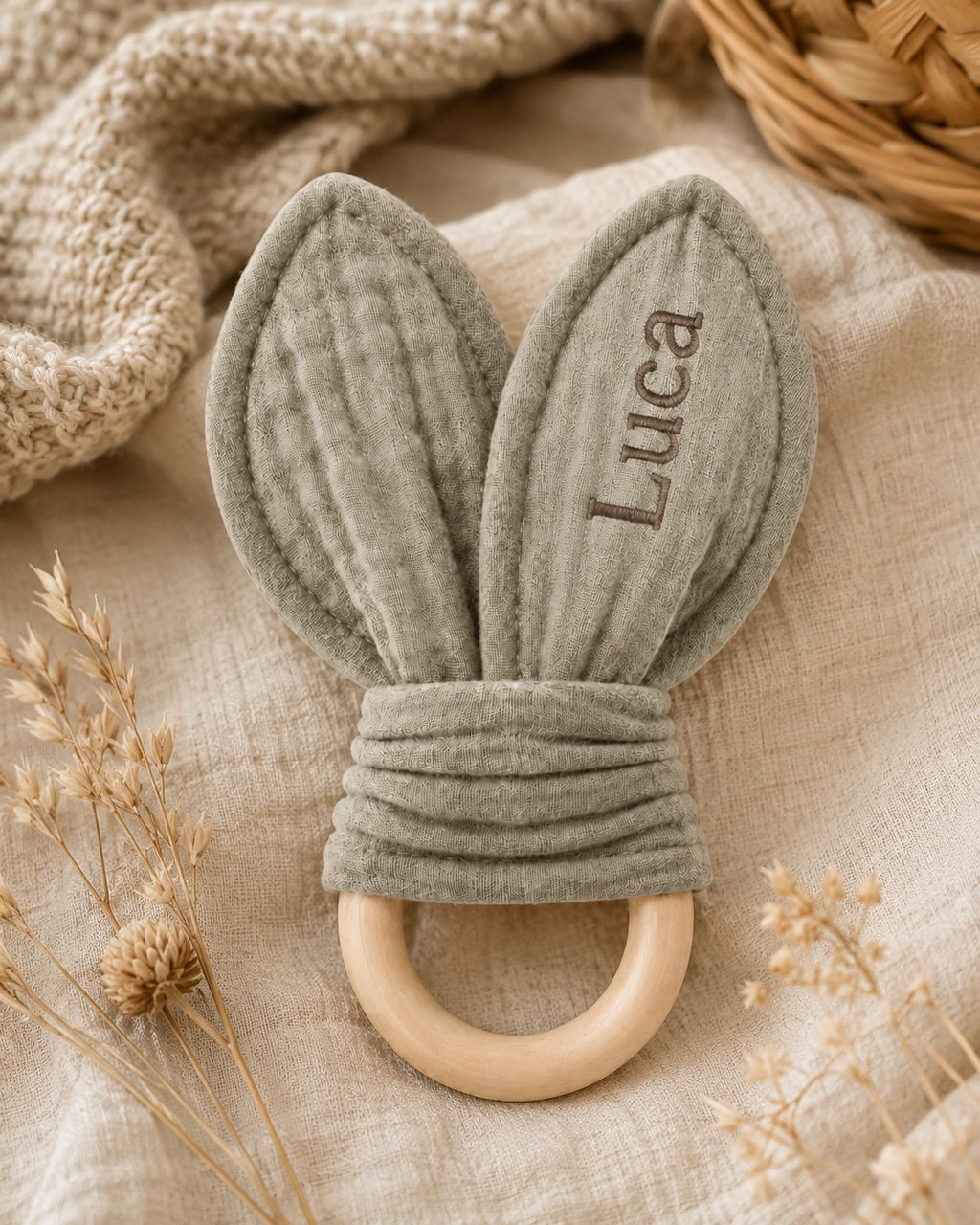 Bijtring - Organische Katoenen Mousseline Bijtring 16 cm x 8 cm - Taupe