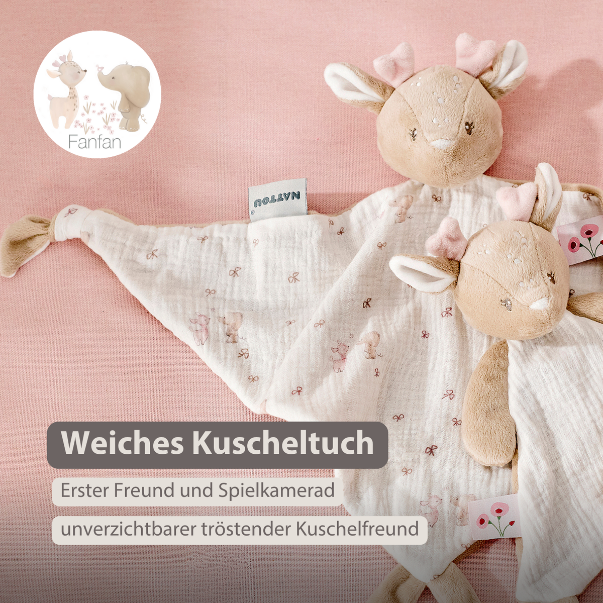 Knuffeldoekje - FanFan Baby Cuddle blanket - 65 x 40 cm - Doudou deer - Beige/roze