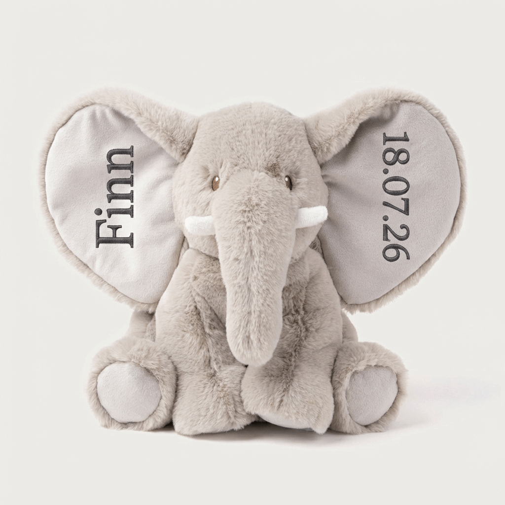 Sebbe de Olifant met geborduurde naam Finn (font 04) verticaal op linkeroor en datum verticaal op rechteroor